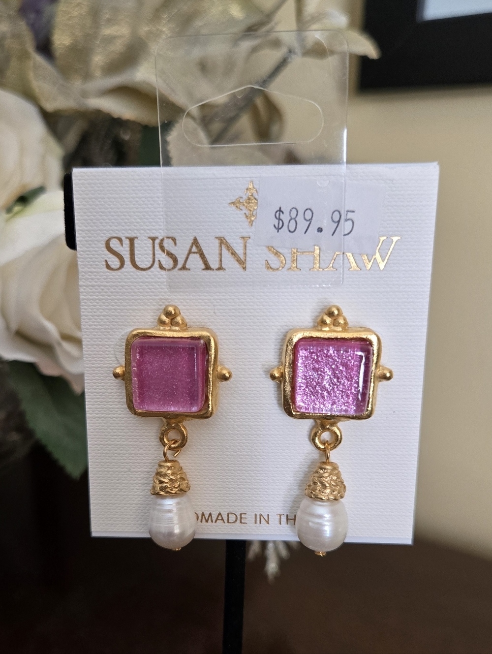 NWT Susan Shaw Pink Glass and Pearl Drop Earrings